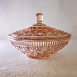 PINK DEPRESSION GLASS COVERED BOWL/VINTAGE GLASS