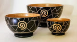SACRED SWIRL SYMBOL WOOD BOWLS, HANDCARVED FROM MANGO WOOD, 3 SIZES, AFROCENTRIC DECOR