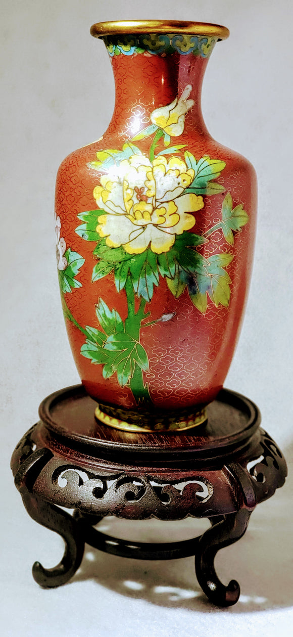 MOTHER'S DAY GIFT: CLOISONNE VASE, vintage, Peony & Butterfly Floral Motif, Chinese Cloisonne, Asian decor, Red