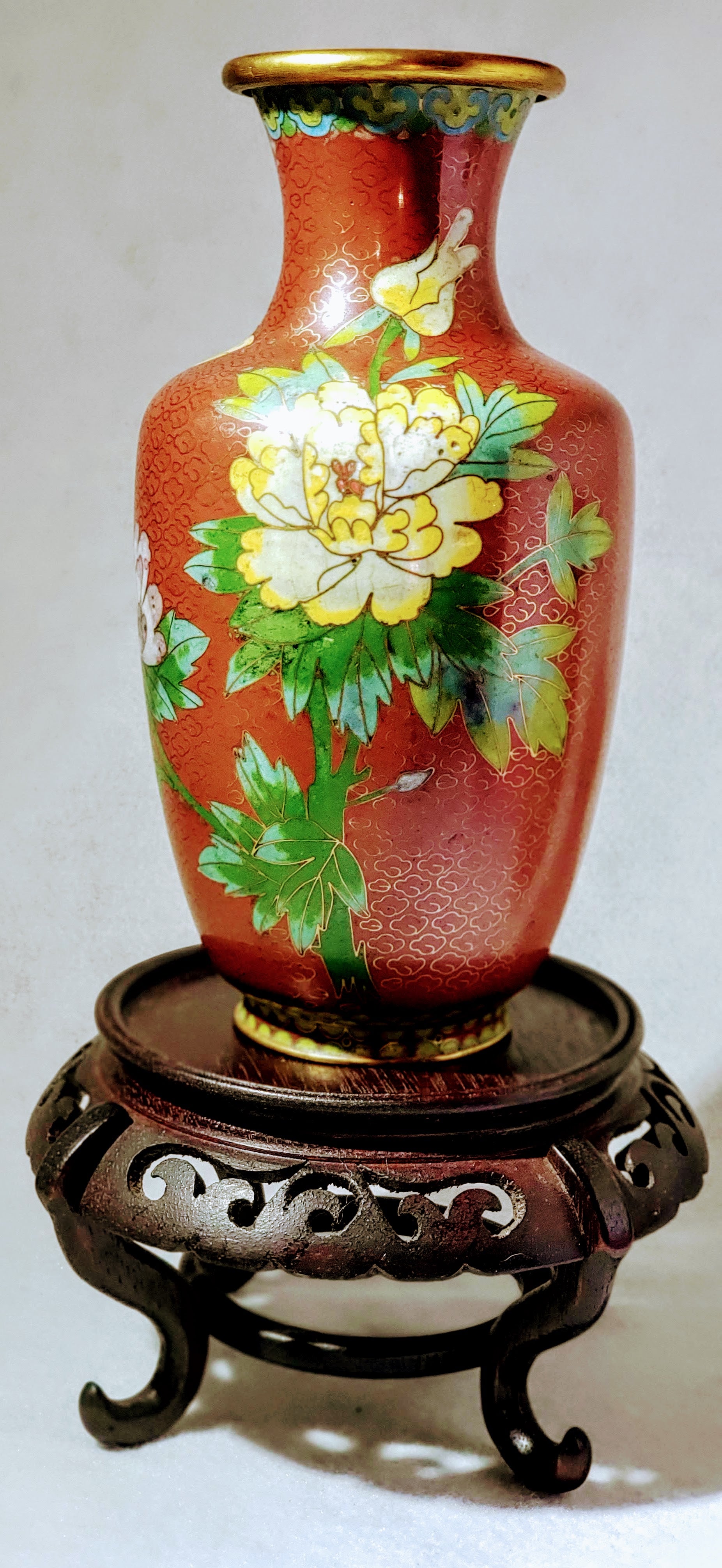 MOTHER'S DAY GIFT: CLOISONNE VASE, vintage, Peony & Butterfly