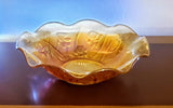 MOTHER'S DAY GIFT: IRIS IRIDESCENT CARNIVAL GLASS BOWL WITH FLUTED EDGE IN MARIGOLD