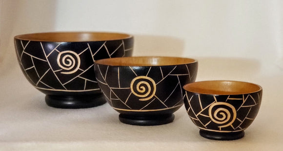 SACRED SWIRL SYMBOL WOOD BOWLS, HANDCARVED FROM MANGO WOOD, 3 SIZES, AFROCENTRIC DECOR